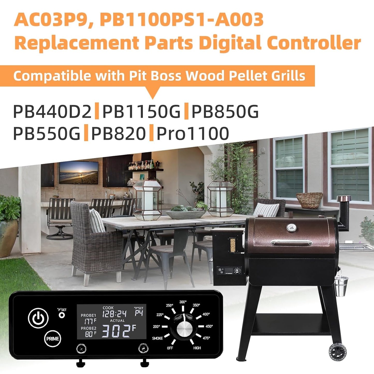AC03P9 Digital Thermostat Control Board for Pit Boss P9/ PB440D2 PB1150G PB850G PB550G PB820 Pro 1100 Wood Pellet Grills, LCD Display Controller