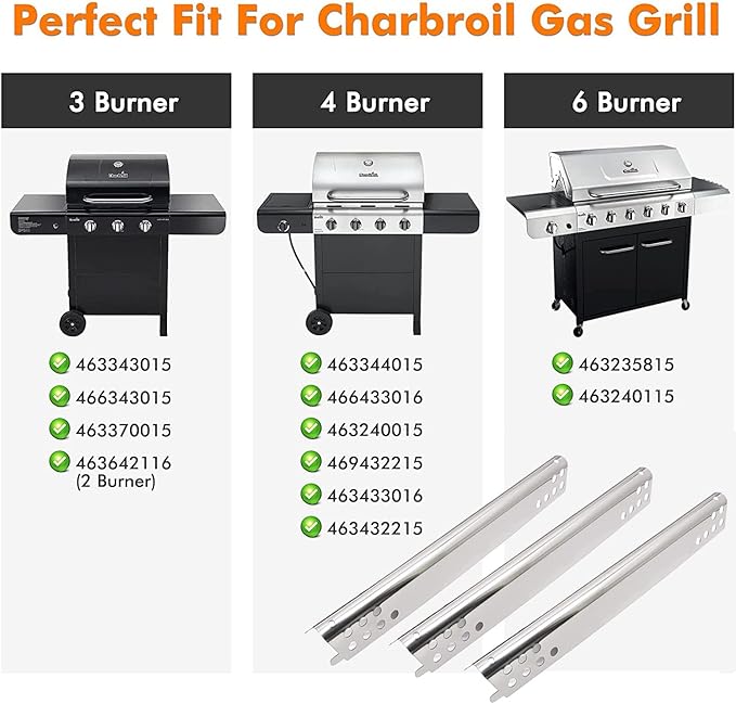 Grill Replacement Parts for Charbroil Advantage Series 6 Burner 463235815, 463240115, 463344015, 463433016 463343015 Models. Stainless Pipe Burner, Heat Plate, Carryover Tube Kit