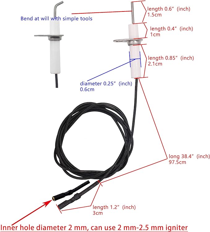 (Round Pin)2Pc 38" Ignitor Wire & Ceramic Electrode Assembly Replacement,Ignition Electrode Can DIY Bending for Gas Burner Ceramic Spark Plug Ignition Electrode Replacement
