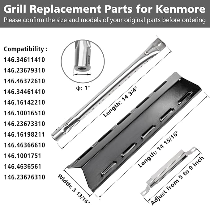 Grill Parts for Kenmore 146.34611410 146.05349710 146.46372610 146.16142210 146.34461410 146.10016510 146.16197210 146.16198211, Heat Plate & Grill Burner & Crossover Tube Replacement Kit