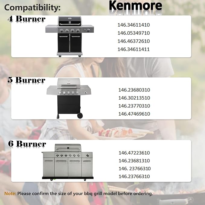 Grill Replacement Parts for Kenmore 6 Burner 146.23681310 146.47223610 146.23766310 Gas Grill Models. Grill Burner Tube, Heat Plate Tent Shield, Carryover Tube Replacement Kit.