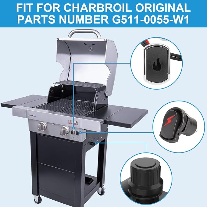 G511-0055-W1 Grill Igniters for Charbroil Ignitor Replacement Kit, 5-Outlets Electronic Ignition Module w/Wires and 2 Push Buttons Replacement Igniter for Charbroil Surefire Ignition Systems