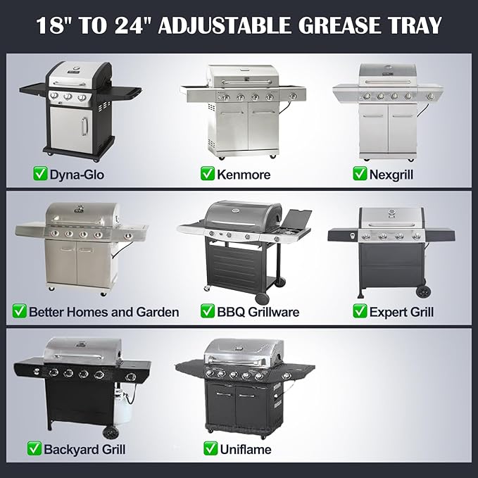 Grease Tray with Catch Pan for Nexgrill, Dyna Glo, Kenmore, BHG, Expert, Backyard Grill, Uniflame, BBQ Pro, BBQ Grillware Grill Replacement Parts, Adjustable 18''-24'' Gas Grill Drip Pan.