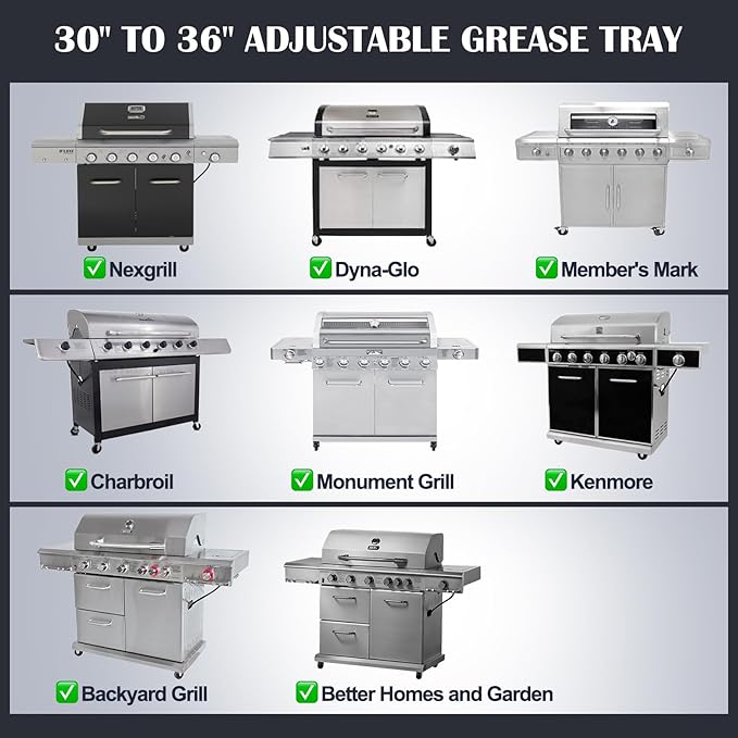 Grease Tray with Catch Pan for Charbroil, Nexgrill, Dyna Glo, Kenmore, BHG, Expert, Backyard, Uniflame, Members Mark, Monument Grill Replacement Parts, Adjustable 30''-36'' Gas Grill Drip Pan