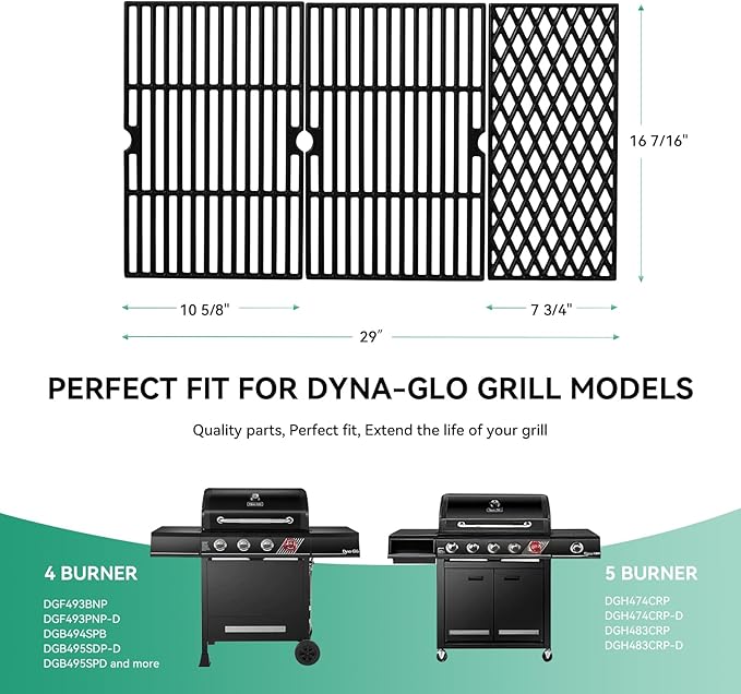 29" DGH474CRP Cooking Grates for Dyna glo DGH474CRP DGH483CRP DGF493BNP DGF493PNP-D DGB495SDP DGB495SDP-D DGB493SPB Grill, 70-02-656 70-01-911 Cast Iron Grill Replacement Part for Backyard BY13-101-001-12