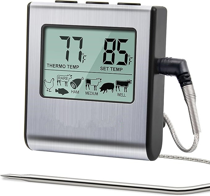 Large LCD Digital Cooking Food Meat Thermometer for Smoker Oven Kitchen BBQ Grill Thermometer Clock Timer with Stainless Steel Temperature Probe