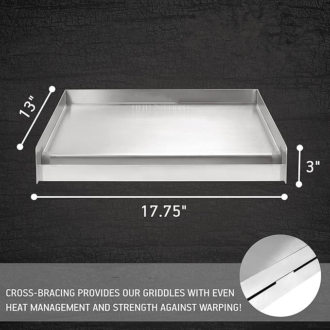 100% Stainless Steel Universal Griddle with Even Heating Cross Bracing for Charcoal/Gas Grills, Camping, Tailgating, and Parties (18"x13"x3")