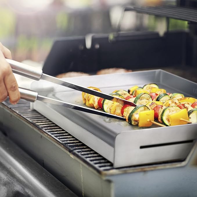 100% Stainless Steel Universal Griddle with Even Heating Cross Bracing for Charcoal/Gas Grills, Camping, Tailgating, and Parties (18"x13"x3")