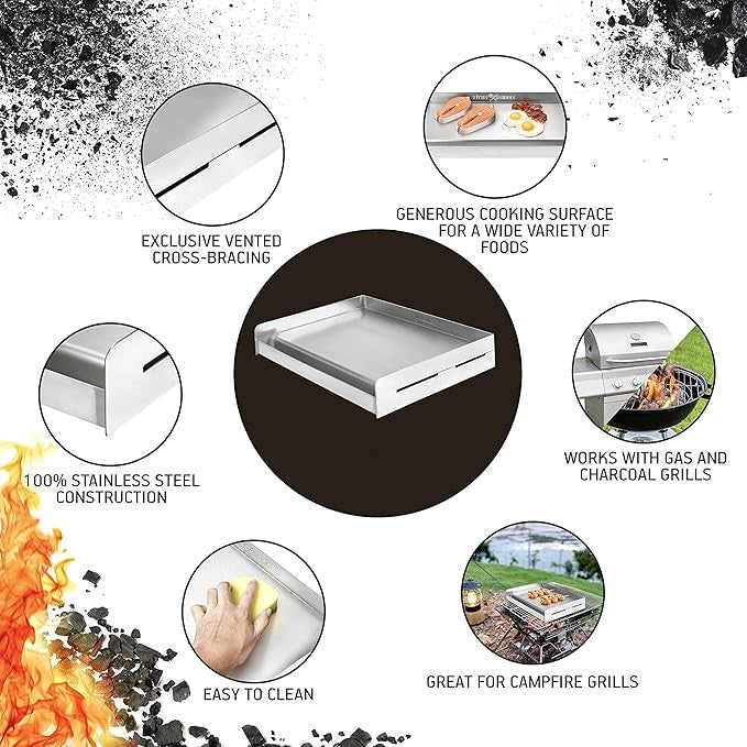 100% Stainless Steel Universal Griddle with Even Heating Cross Bracing for Charcoal/Gas Grills, Camping, Tailgating, and Parties (18"x13"x3")