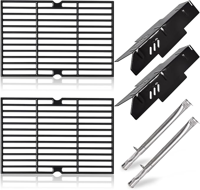 15 11/16“ Grill Grates Parts for Dyna-Glo Grill Replacement Parts 2 Burner DGF350CSP, DGF350CSP-D, Cast Iron BBQ Grill Grates, Heat Plates Heat Shields and Burner Tubes for Dyna Glo Grill Accessories.