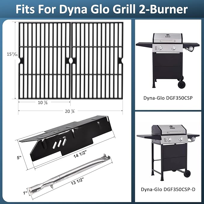 15 11/16“ Grill Grates Parts for Dyna-Glo Grill Replacement Parts 2 Burner DGF350CSP, DGF350CSP-D, Cast Iron BBQ Grill Grates, Heat Plates Heat Shields and Burner Tubes for Dyna Glo Grill Accessories.