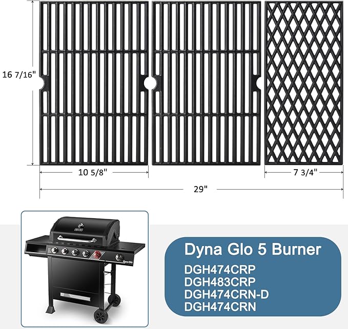 29” Grill Replacement Parts for Dyna Glo DGH474CRP, DGH483CRP, DGH474CRN-D, DGH474CRN, Cast Iron Grill Grates, Porcelain Heat Plates Shields Tents and Burners for Dyna-Glo Grill Replacement Parts.
