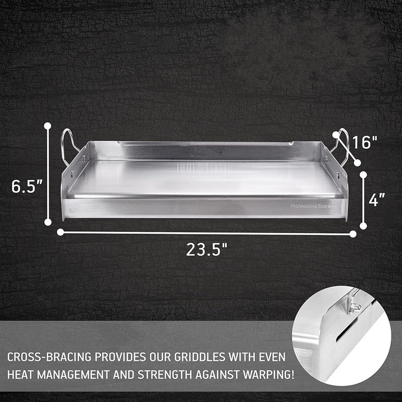 25" x16" 100% Stainless Steel Griddle with Even Heat Cross Bracing and Removable Handles - For Grills, Camping, Tailgating