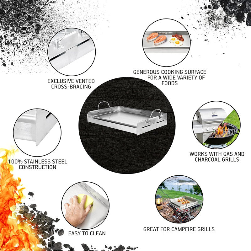 25" x16" 100% Stainless Steel Griddle with Even Heat Cross Bracing and Removable Handles - For Grills, Camping, Tailgating