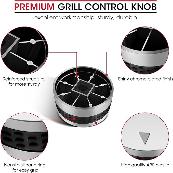 Grill Control Knob 4 Pack, Gas Burner Replacement, Chrome Plated Plastic with Nonslip Grip, Fits BBQ Gas Grills with D Shaped Valve Stem, Including 4 Knobs and 12 Adaptors
