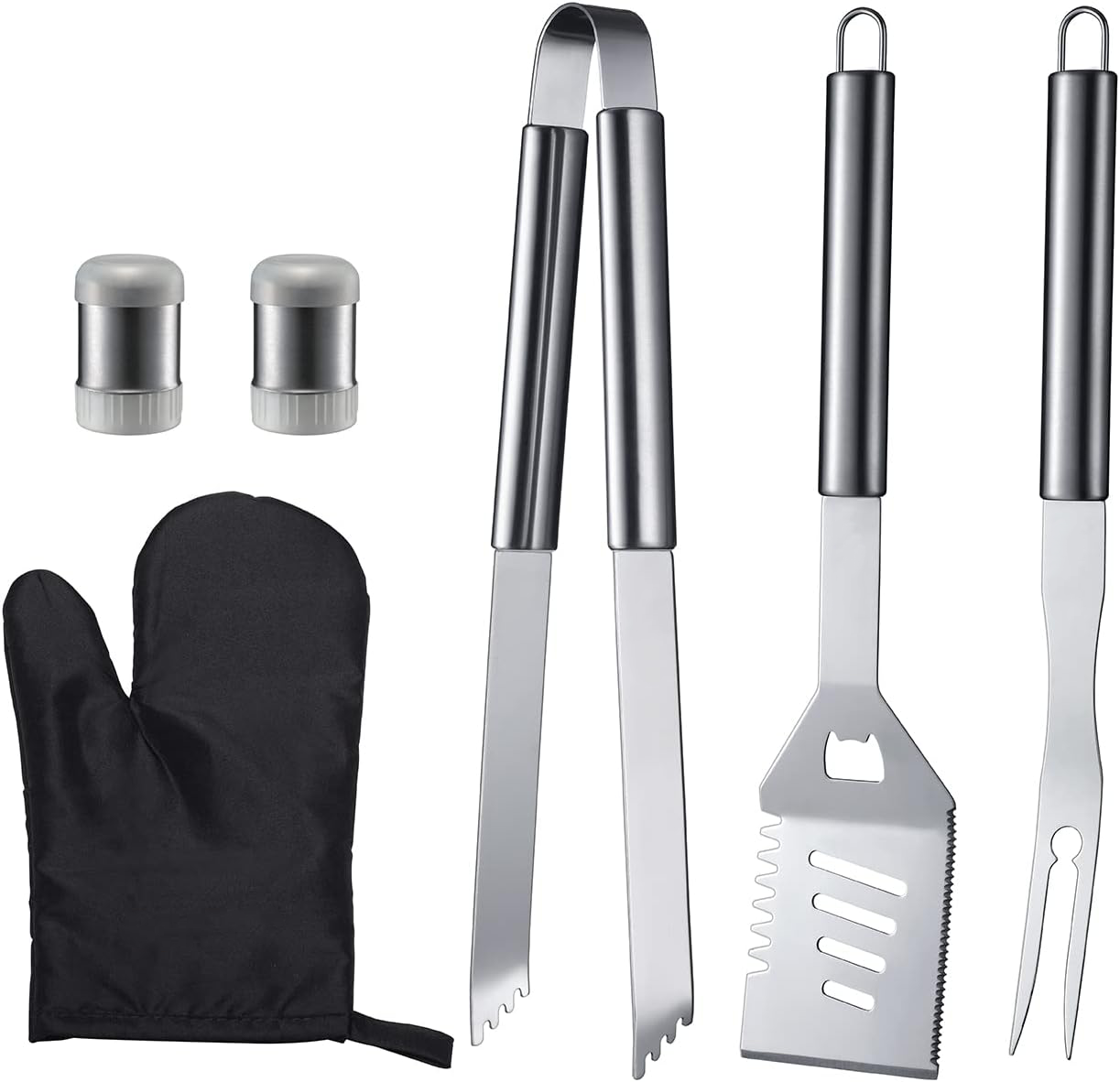 6-Piece BBQ Grill Tool Set, Stainless Steel Spatula, Fork, Tongs, Kitchen Cooking Barbecue Camping Utensil Kit, Perfect Accessories for Outdoor Grilling