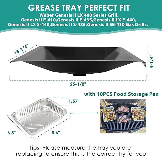 66037 Grease Tray with 10PCS 6415 Catch Pan Aluminum Liner, for Weber Genesis II/LX 400 Series,Genesis II E410 S410 E435 S435, LX E440 S440 S435 SE410