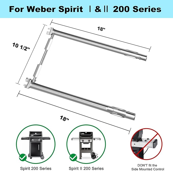 69785 18 Inch Grill Burner for Weber Spirit I & II & GS4 200 Series with Up Front Control, Spirit E-210 E-220 S-210, S-220 Gas Grill Replacement Parts