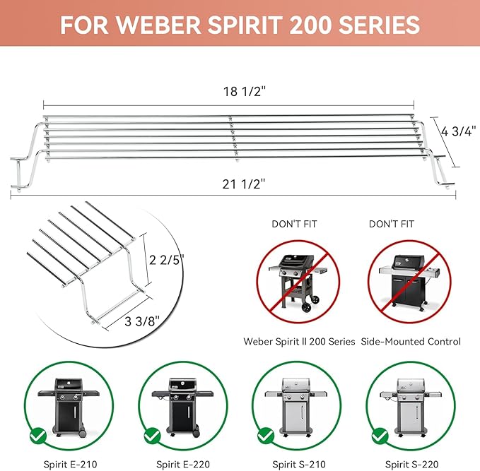 69866 Grill Warming Rack for Weber Spirit 200 and GS4 Spirit II 200 Series (2017 and Newer), with Up Front Control, 21.5 inch for Weber 67026 7640