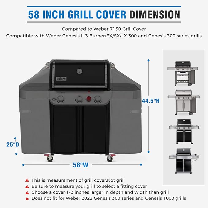 Heavy Duty 58 Inch Grill Cover for Weber Genesis 300 & Genesis II 300 Series 7130 Grills,600D Rip-Proof Material,Waterproof UV, Compared to Weber 7130