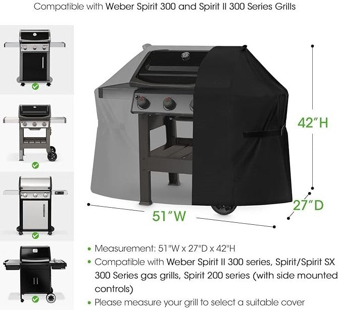 Cover Replacement for Weber 7139, Weber Spirit 300 and Spirit II 300 Series Grills, Waterproof BBQ Cover for Outdoor Grill, Grill Cover 51 inch,