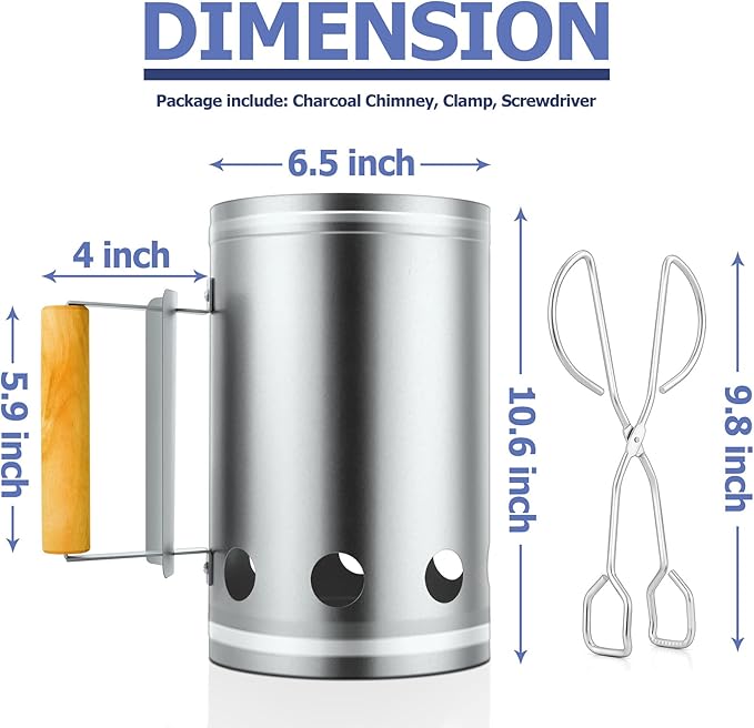 Charcoal Chimney Starter with Clamp Set, Portable BBQ Grill Fire Starter, Heavy Duty & Air Inlet Design, Heat Shield & Wooden Handle, Plus Screwdriver