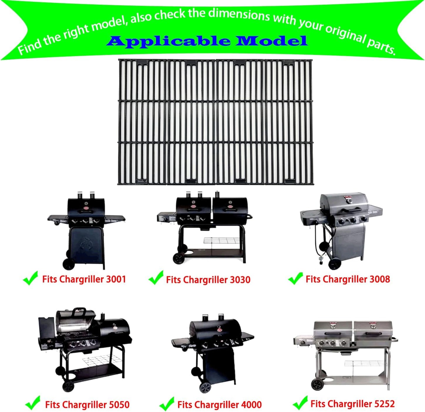 4-pack 19.75" Porcelain Coated Cast Iron Grill Cooking Grates for Chargriller Gas Grill 2121, 2123, 2222, 2828, 3001, 3030, 3725, 4000, 5050, 5252, 5650,9020