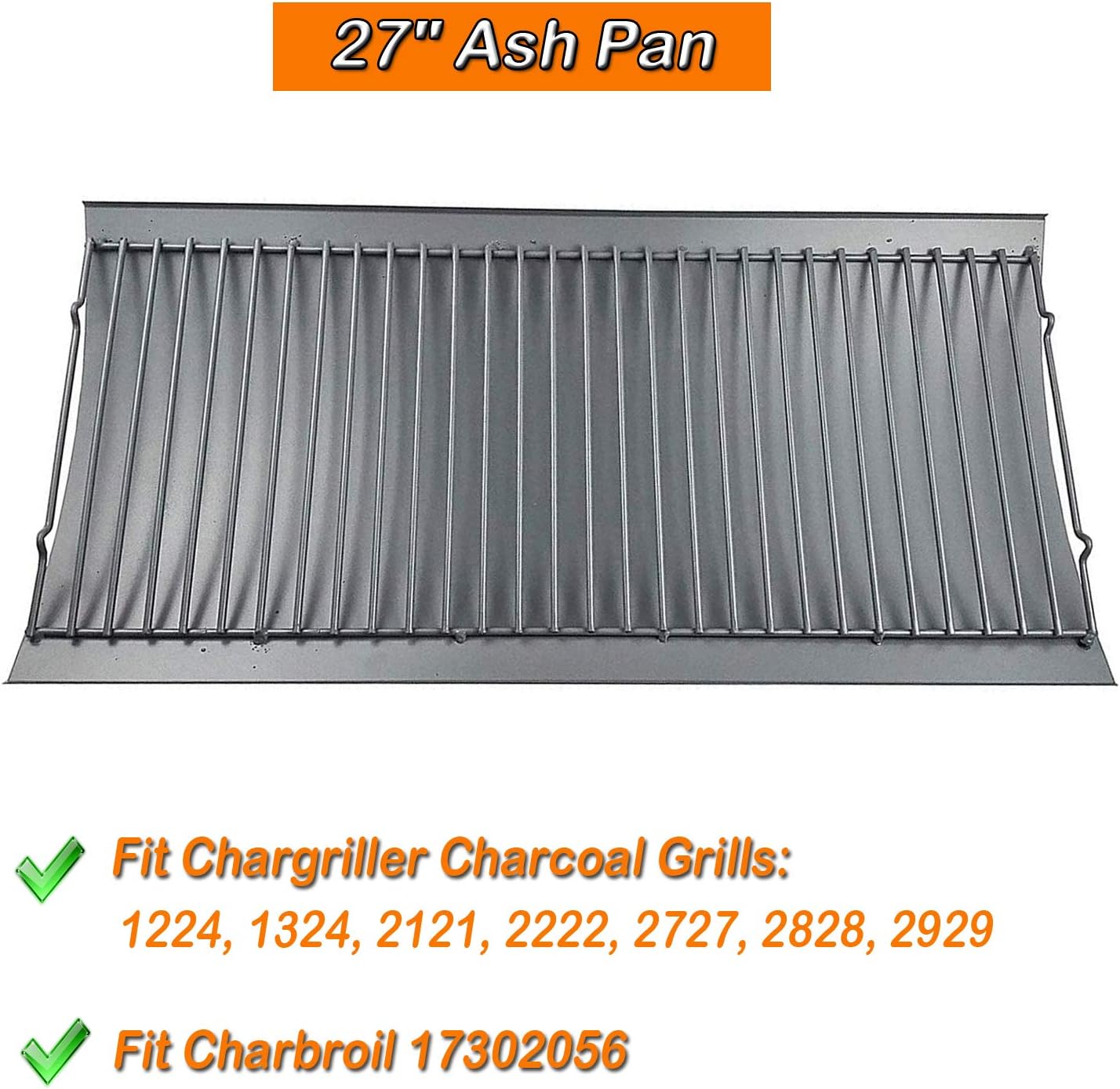 27 inch Ash pan for Chargriller 1224 1324 2121 2222 2727 2828 2929 Charcoal Grill, Fire Grate Replacement Part with 2pcs Fire Grate Hanger, Porcelain-coated Steel 27" Drip Pan