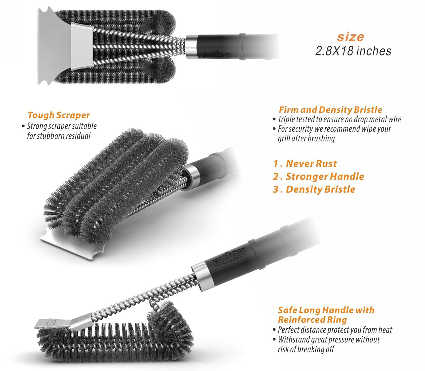 Grill Brush and Scraper BBQ Brush for Grill, Safe 18" Stainless Steel Wire Bristles Grill Cleaning Brush Grill Grate Cleaner for Gas Infrared Charcoal Porcelain Grills