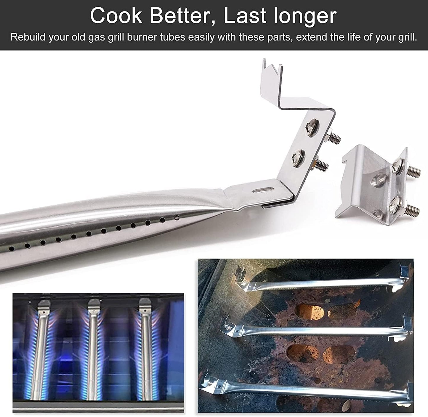 Grill Repair Kit for Chargriller 5050, 5650, 3001, 3030, 5072, 3008, 4000, 5252 Grill Models, Stainless Steel Heat Plates, Burner Tubes, Hanger Brackets
