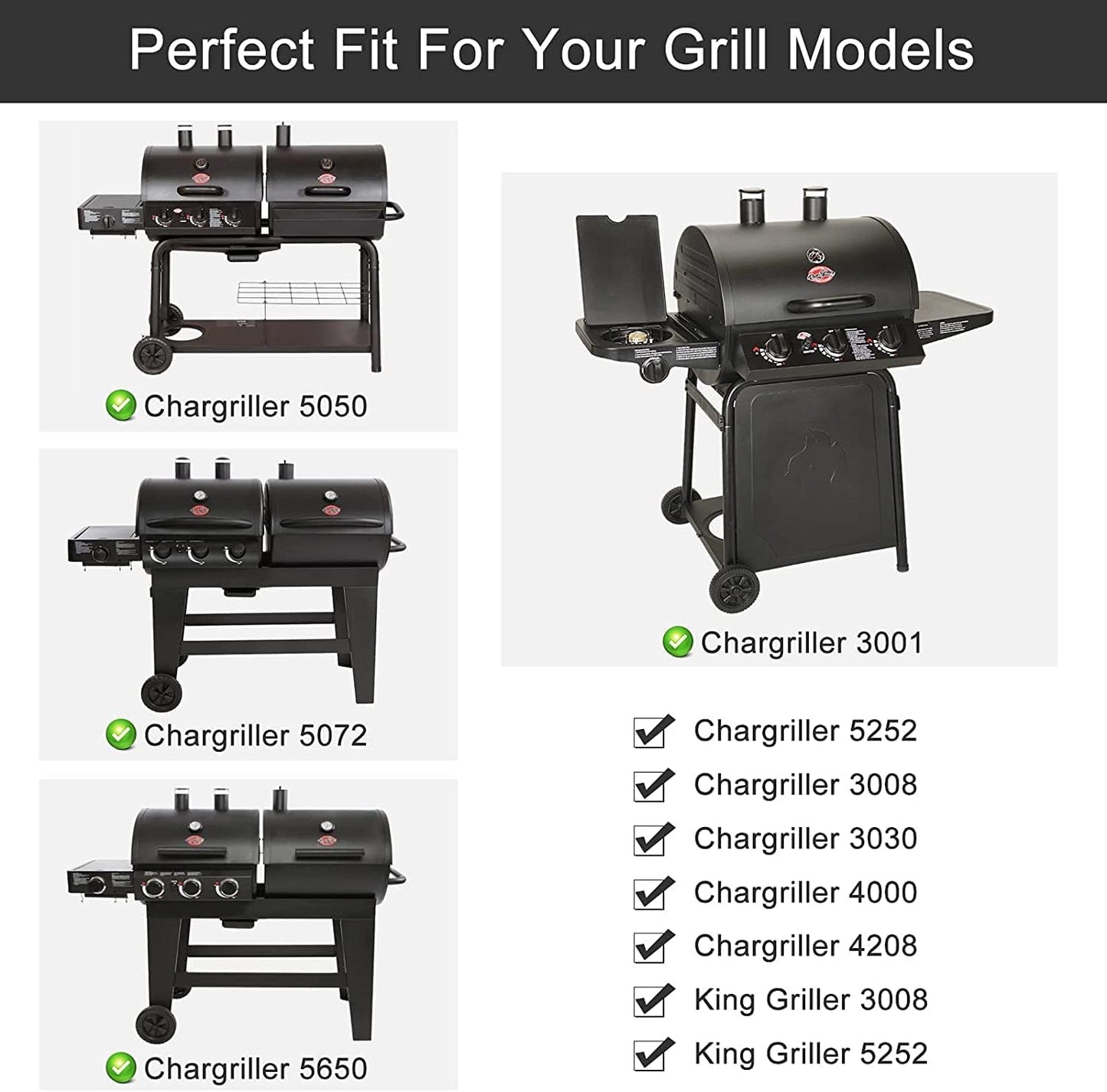 Grill Repair Kit for Chargriller 5050, 5650, 3001, 3030, 5072, 3008, 4000, 5252 Grill Models, Stainless Steel Heat Plates, Burner Tubes, Hanger Brackets