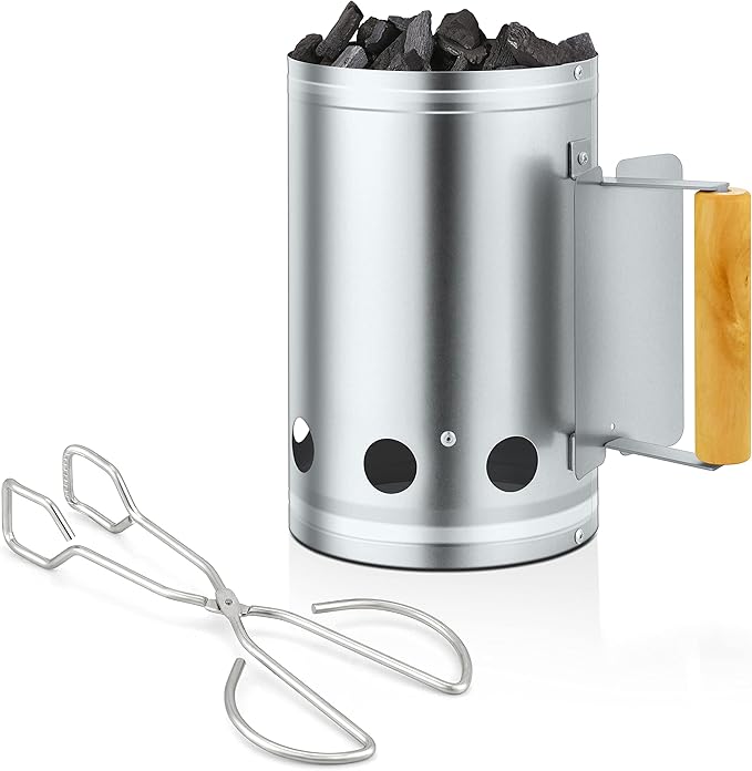 Charcoal Chimney Starter with Clamp Set, Portable BBQ Grill Fire Starter, Heavy Duty & Air Inlet Design, Heat Shield & Wooden Handle, Plus Screwdriver