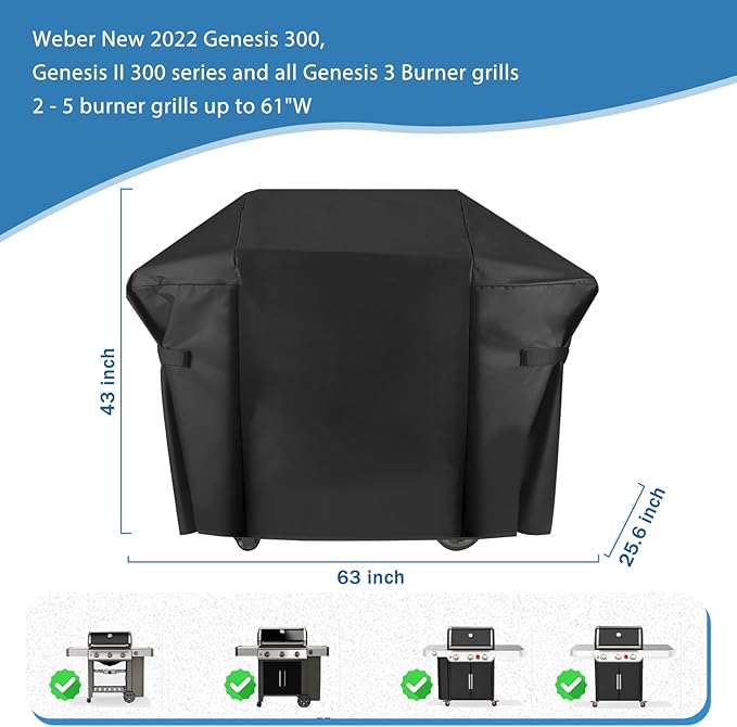 7757 Grill Cover for Weber Genesis 300 Series and New 2022 Genesis 300 Grills, 63 Inch Heavy Duty 600D Waterpoorf Outdoor Grill Cover, Fade Resistant