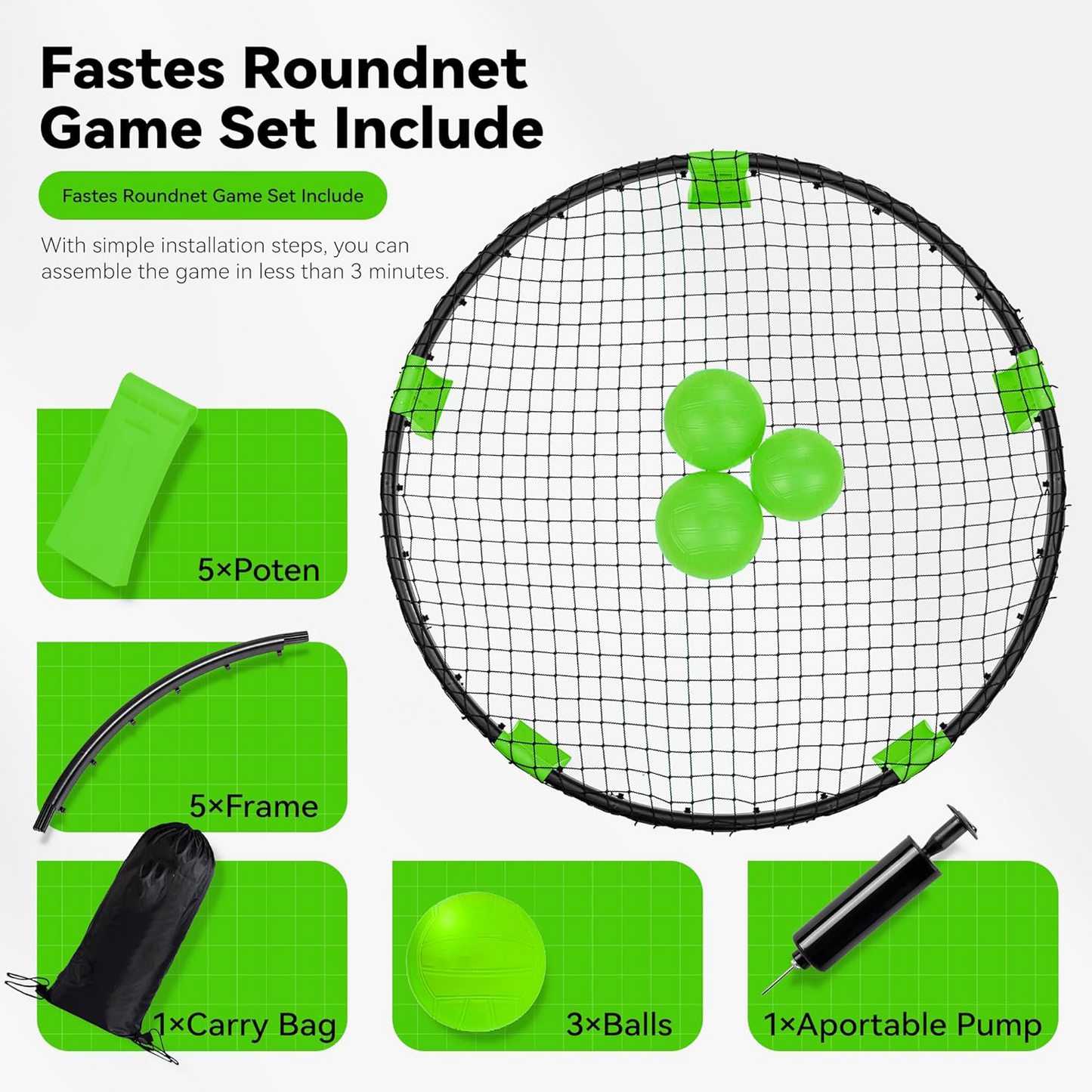 Outdoor Ball Game Includes 3 Balls, Net and Carrying Bag, Lawn, Beach & Tailgating Roundnet Game for Kids, Teens & Adults