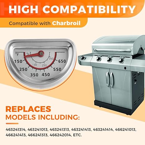 BBQ Grill Lid Thermometer, Stainless Steel Temperature Gauge Heat Indicator Replacement Fit for Charbroil Grill, Replaces 463241314, 463241313, 463241413, 463241414, 463241013