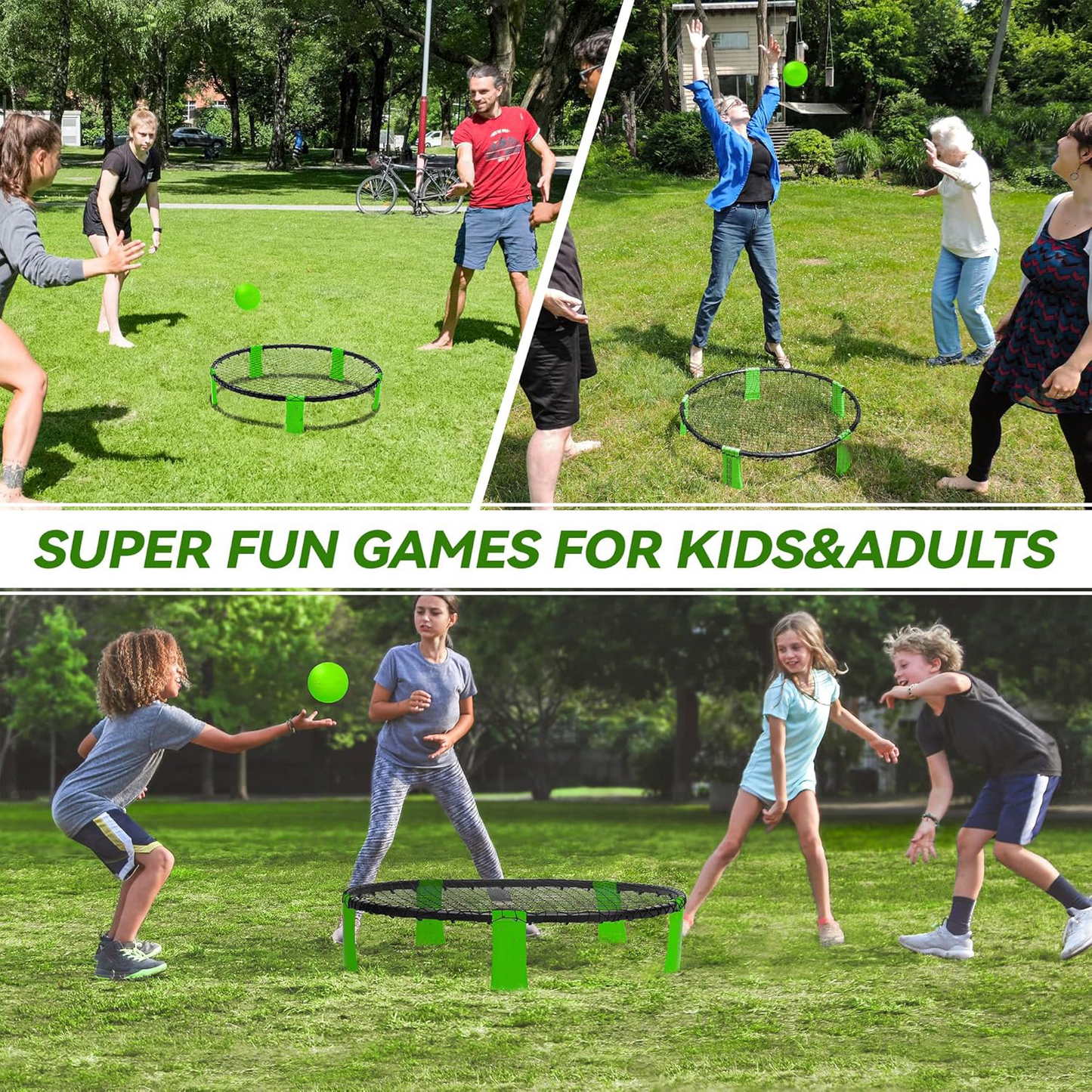 Outdoor Ball Game Includes 3 Balls, Net and Carrying Bag, Lawn, Beach & Tailgating Roundnet Game for Kids, Teens & Adults
