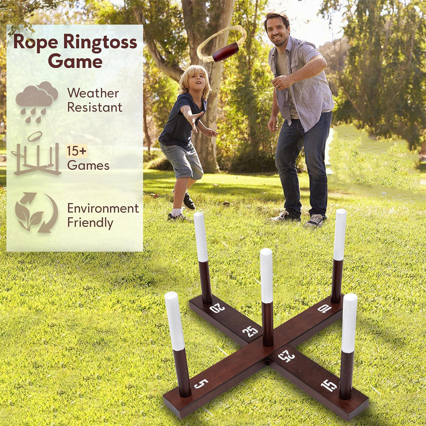Rustic Ring Toss Game (All Weather), Easy Setup, Extra Games Included, Ring Toss Game for Adults, Outdoor Games for Kids, Yard Games Ring Hook Game