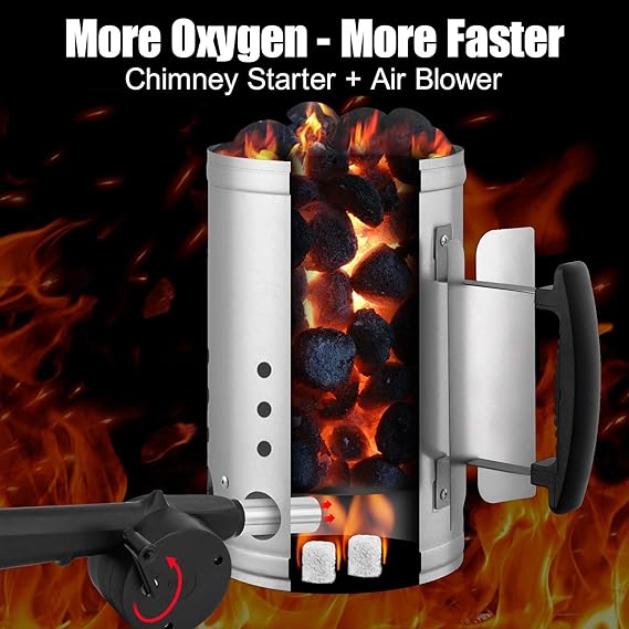 Charcoal Chimney Starter Set Charcoal Chimney Lighter Can A 1472℉ Heat Resistant Grill Glove Portable BBQ Fan Air Blower Outdoor Cooking Charcoal Barbecue Holder Accessories