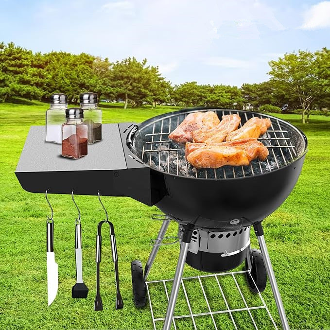 Foldable Side Table Shelf for Weber 22" Original and Master Touch Kettle Charcoal Grills |Kettle Grill Accessory with 6 Utensil Hangers