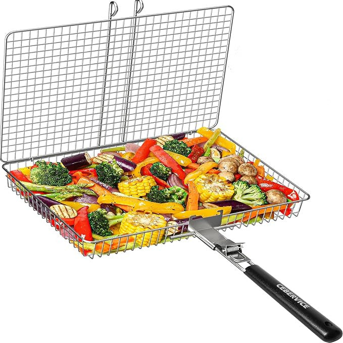 Grill Basket Extra Large, SUS304 Stainless Steel, Portable Folding BBQ Camping Grilling Rack for Fish, Vegetables, Shrimp, Barbeque Griller Cooking Accessories