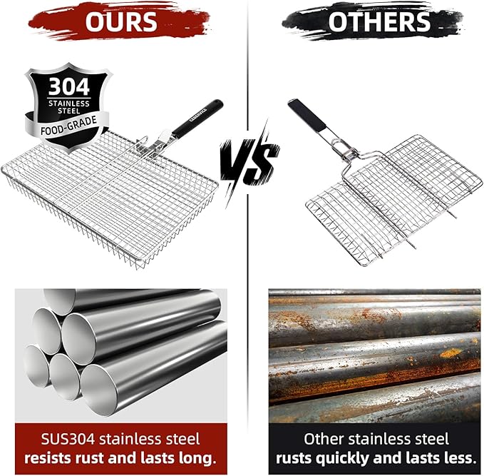 Grill Basket Extra Large, SUS304 Stainless Steel, Portable Folding BBQ Camping Grilling Rack for Fish, Vegetables, Shrimp, Barbeque Griller Cooking Accessories