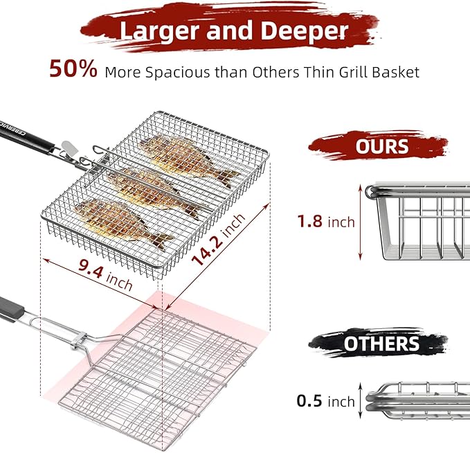 Grill Basket Extra Large, SUS304 Stainless Steel, Portable Folding BBQ Camping Grilling Rack for Fish, Vegetables, Shrimp, Barbeque Griller Cooking Accessories