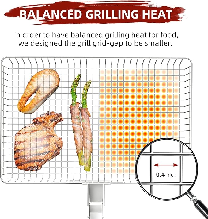 Grill Basket Extra Large, SUS304 Stainless Steel, Portable Folding BBQ Camping Grilling Rack for Fish, Vegetables, Shrimp, Barbeque Griller Cooking Accessories