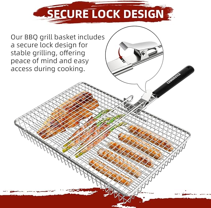 Grill Basket Extra Large, SUS304 Stainless Steel, Portable Folding BBQ Camping Grilling Rack for Fish, Vegetables, Shrimp, Barbeque Griller Cooking Accessories