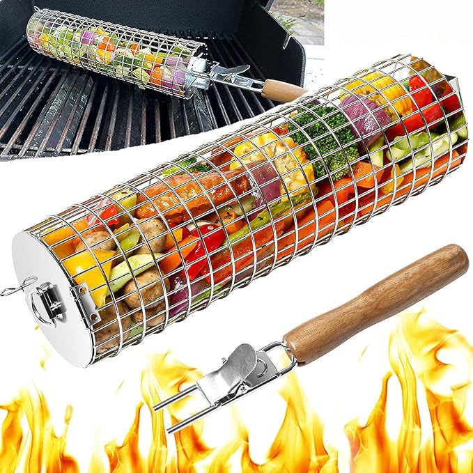 Rolling Grilling Baskets with Secure Lid Lock, Thickened SUS304 Stainless Steel, REMOVABLE HANDLE, Round Cylinder BBQ Grill Basket for Veggies Fish Meat, Barbeque Griller Accessories