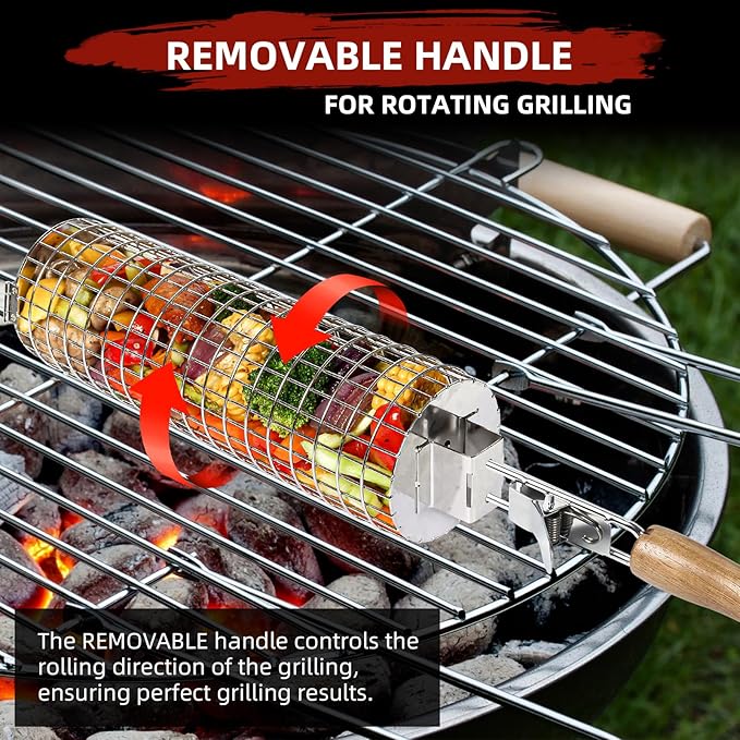 Rolling Grilling Baskets with Secure Lid Lock, Thickened SUS304 Stainless Steel, REMOVABLE HANDLE, Round Cylinder BBQ Grill Basket for Veggies Fish Meat, Barbeque Griller Accessories