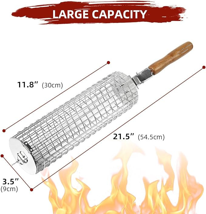 Rolling Grilling Baskets with Secure Lid Lock, Thickened SUS304 Stainless Steel, REMOVABLE HANDLE, Round Cylinder BBQ Grill Basket for Veggies Fish Meat, Barbeque Griller Accessories