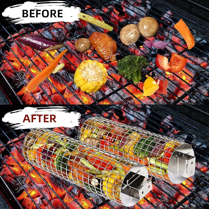 Rolling Grilling Baskets with Secure Lid Lock, Thickened SUS304 Stainless Steel, REMOVABLE HANDLE, Round Cylinder BBQ Grill Basket for Veggies Fish Meat, Barbeque Griller Accessories