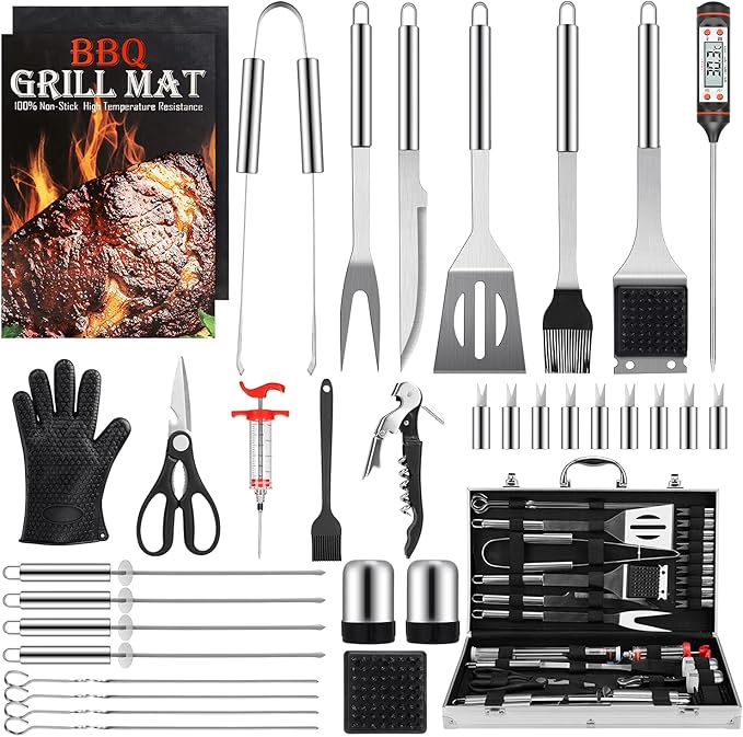 Grill Set, Grilling Gifts for Men, 34PCS BBQ Tools Accessories for Outdoor Grill with Aluminum Case, Spatula, Tongs & Skewers,Smoker Accessories for Birthday, Dad, Wedding