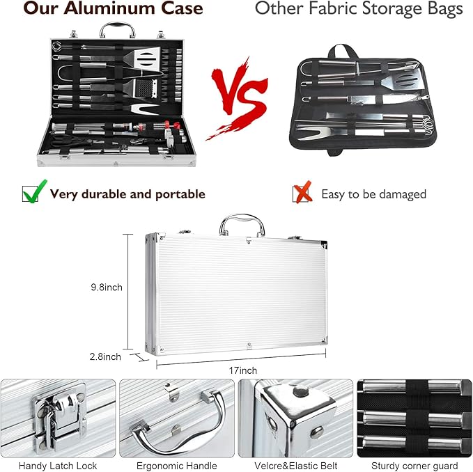Grill Set, Grilling Gifts for Men, 34PCS BBQ Tools Accessories for Outdoor Grill with Aluminum Case, Spatula, Tongs & Skewers,Smoker Accessories for Birthday, Dad, Wedding